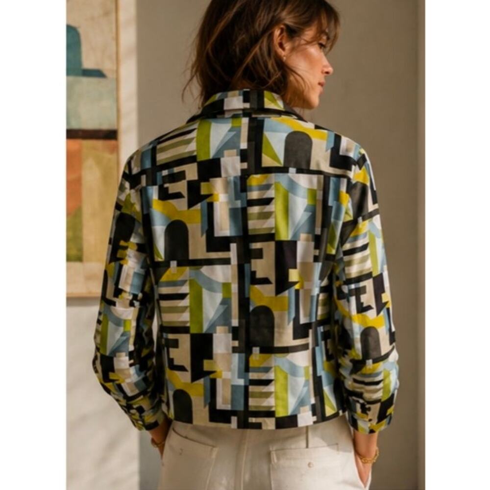 Mod Art Jacket Chartreuse Geometric Blazer Womens 14 Linda Allard Ellen Tracy - Picture 9 of 14